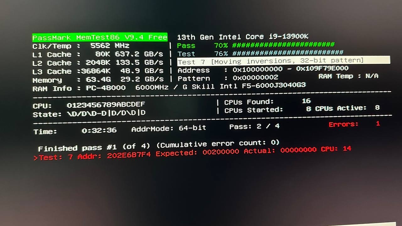 Errors in 7th and 7th tests in MemTest86 DDR5 6000 PassMark